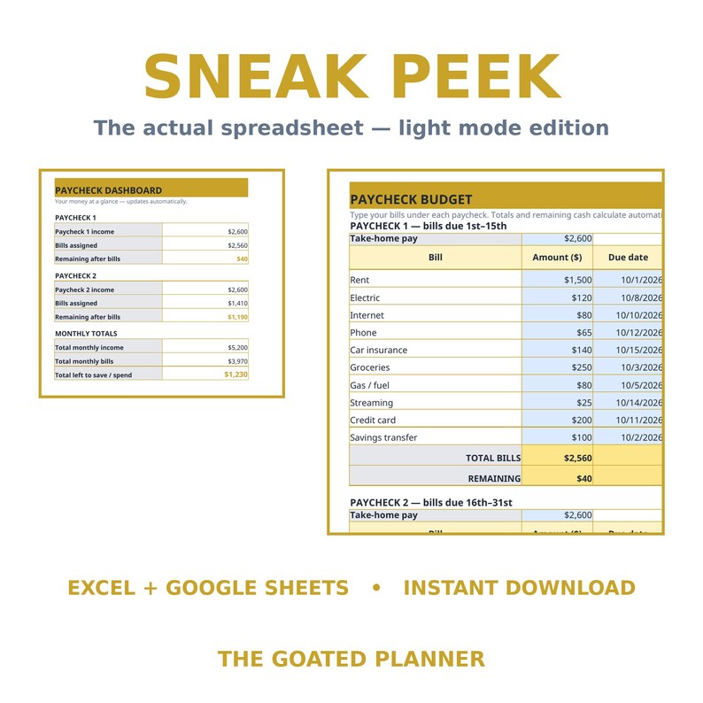 May include: A digital spreadsheet template titled SNEAK PEEK The actual spreadsheet &mdash; light mode edition. It displays a Paycheck Dashboard and a Paycheck Budget with columns for bills, amounts in dollars, and due dates for the year 2026.