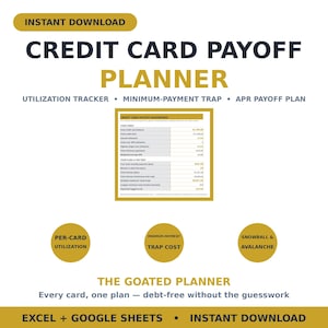 Credit Card Payoff Planner Spreadsheet — Utilization Tracker, Minimum Payment Trap & APR Payoff Plan, Excel Google Sheets