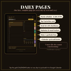 May include: A digital daily planner interface on a dark background with the text DAILY PAGES. It features an hourly schedule from 6 AM to 9 PM, a top 3 priorities card, a to-do list with checkboxes, hydration and mood trackers, and notes.