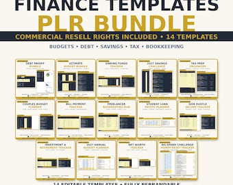 PLR Finance Spreadsheet Bundle, 14 Budget Templates with Commercial Resell Rights, Debt Payoff Tax Bookkeeping Excel Google Sheets