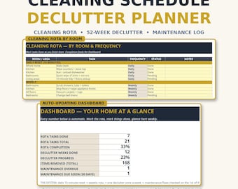 Cleaning Schedule Spreadsheet — Home Cleaning Planner, Declutter Tracker & Home Maintenance Log for Excel and Google Sheets