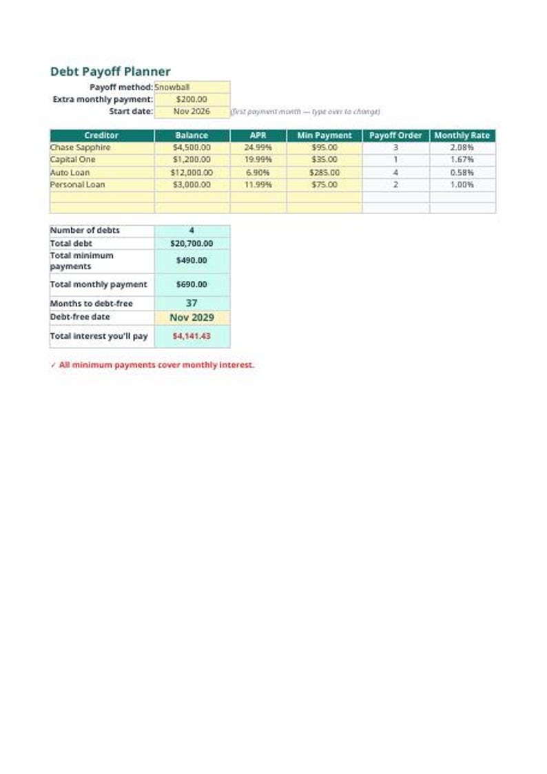 May include: A digital debt payoff planner spreadsheet featuring a table with columns for creditor, balance, APR, minimum payment, payoff order, and monthly rate. It includes summary fields for total debt, monthly payments, and debt-free date.