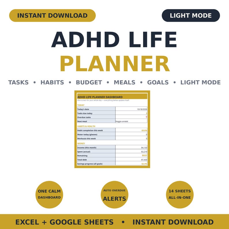 May include: ADHD Life Planner digital dashboard for Excel and Google Sheets. Features include sections for tasks, habits, budget, meals, and goals. The layout includes an auto-overdue alert system, 14 sheets, and a light mode interface.