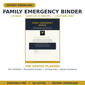 Family Emergency Binder Printable — ICE Contacts, Document Locator, Go Bag Checklist & Home Inventory, PDF Download