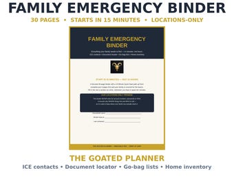 Family Emergency Binder Printable — ICE Contacts, Document Locator, Go Bag Checklist & Home Inventory, PDF Download