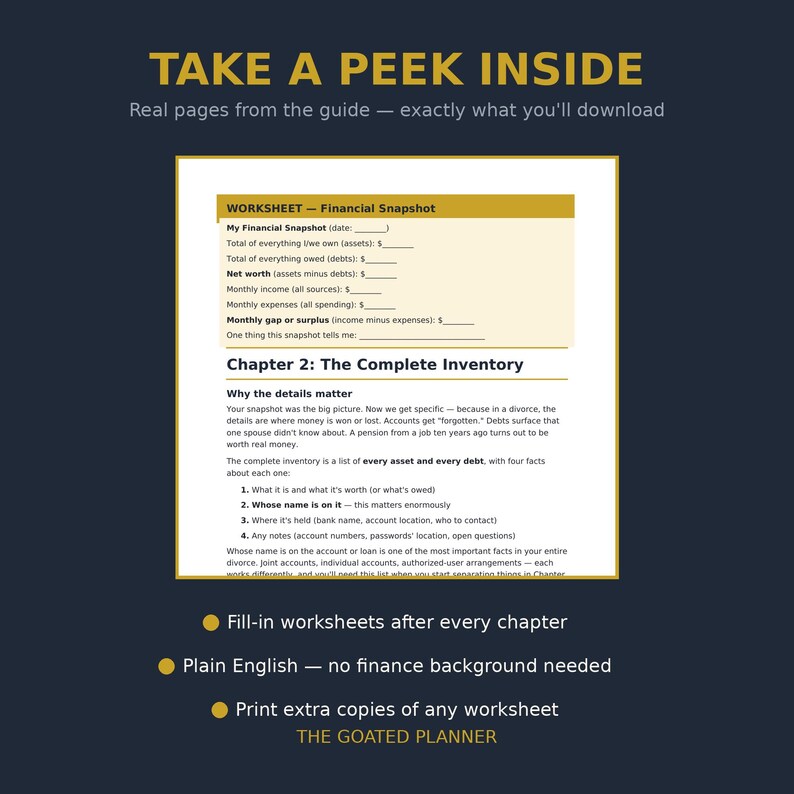 Peut inclure: Une page de document num&eacute;rique intitul&eacute;e WORKSHEET - Financial Snapshot et Chapter 2: The Complete Inventory, pr&eacute;sentant du texte sur le suivi des actifs et des dettes, avec l'en-t&ecirc;te TAKE A PEEK INSIDE et des points sur les feuilles.