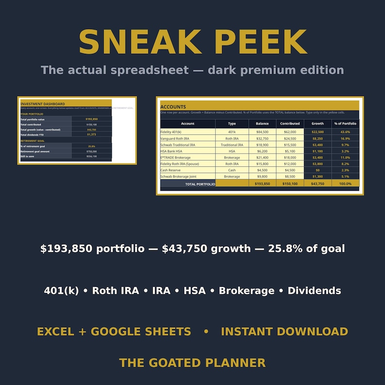 Investment Retirement Tracker Spreadsheet: 401k, Roth IRA, IRA, HSA, Brokerage, Dividends and Goal Progress, Excel and Google Sheets image 4