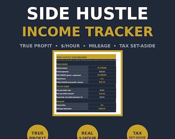 Side Hustle Income Tracker Spreadsheet - True Profit, Hourly Rate, Mileage Log & Tax Set-Aside for Excel and Google Sheets