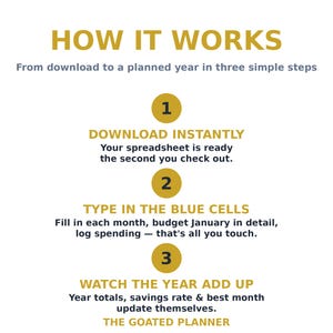 May include: An instructional graphic titled HOW IT WORKS with three steps for a digital planner. Step 1: DOWNLOAD INSTANTLY. Step 2: TYPE IN THE BLUE CELLS. Step 3: WATCH THE YEAR ADD UP. The text includes details on spreadsheet usage and THE GOATED PLANNER.