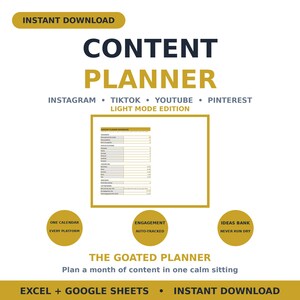 Content Calendar & Planner Spreadsheet — Light Mode Content Planner and Engagement Tracker for Instagram TikTok Google Sheets image 1