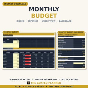 Monthly Budget Planner Spreadsheet — Budget Tracker with Planned vs Actual, Weekly Breakdown and Bill Alerts for Excel & Google Sheets