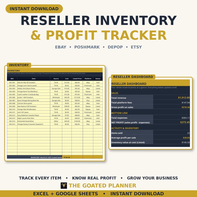 Planilha de Controle de Estoque para Revendedores — Rastreador de Lucros para Vendedores do eBay, Poshmark e Depop, Registro de Vendas e Controle de Despesas (Google Sheets e Excel) imagem 1