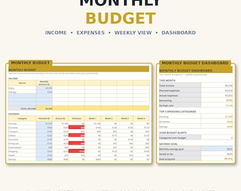 Planned vs Actual Budget Tracker Spreadsheet — Light Mode Monthly Budget with Weekly Breakdown and Bill Alerts for Excel and Google Sheets