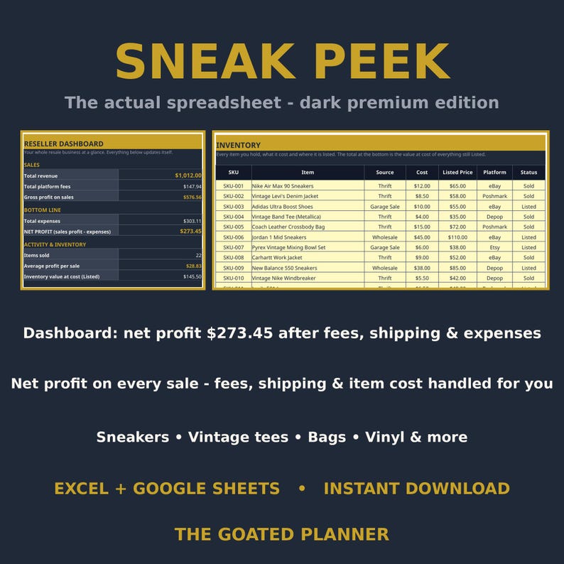 Pode incluir: Um modelo de planilha digital intitulado SNEAK PEEK com um painel de revendedor e rastreador de invent&aacute;rio. O layout escuro exibe dados financeiros, m&eacute;tricas de vendas e listas de invent&aacute;rio detalhadas para empresas de revenda no Excel e Google Sheets.