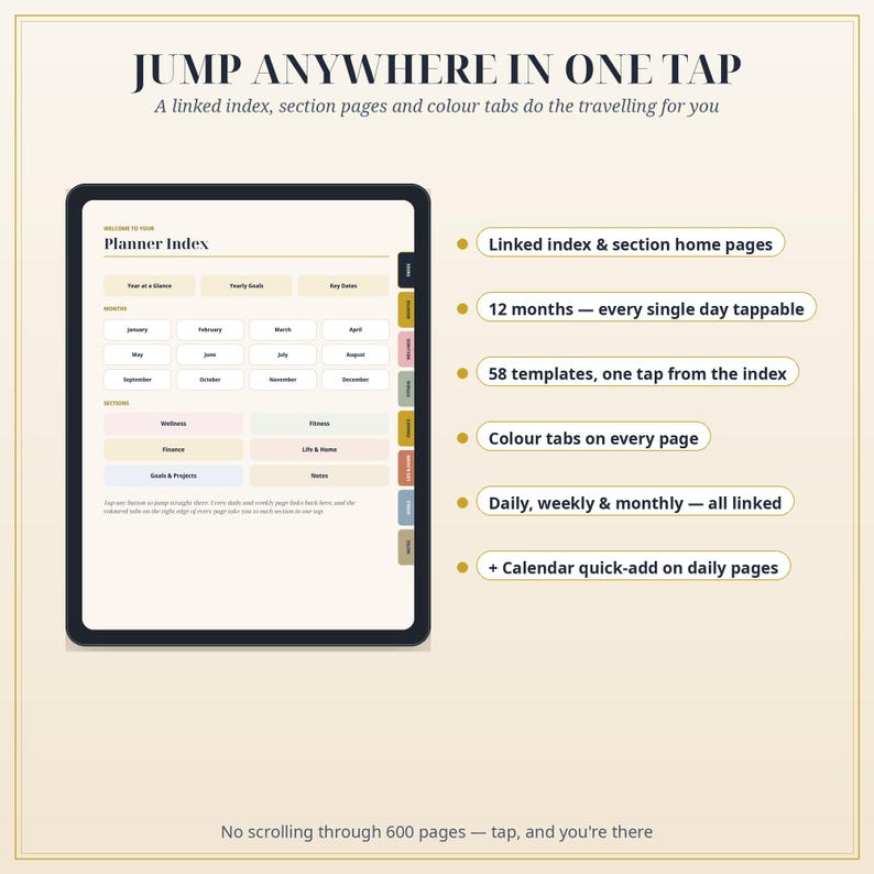 May include: A digital planner displayed on a tablet screen featuring a Planner Index with clickable buttons for months and sections. The interface includes colour-coded side tabs, a linked index, 12 months of daily pages, 58 templates, and a calendar quick-add feature. Text reads: JUMP ANYWHERE IN ONE TAP, A linked index, section pages and colour tabs do the travelling for you, and No scrolling through 600 pages &mdash; tap, and you're there.