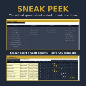 May include: A digital project management spreadsheet in a dark theme featuring a Kanban board with columns for To Do, In Progress, In Review, and Done, followed by a Gantt timeline with project phases, start and end dates, and weekly progress bars.