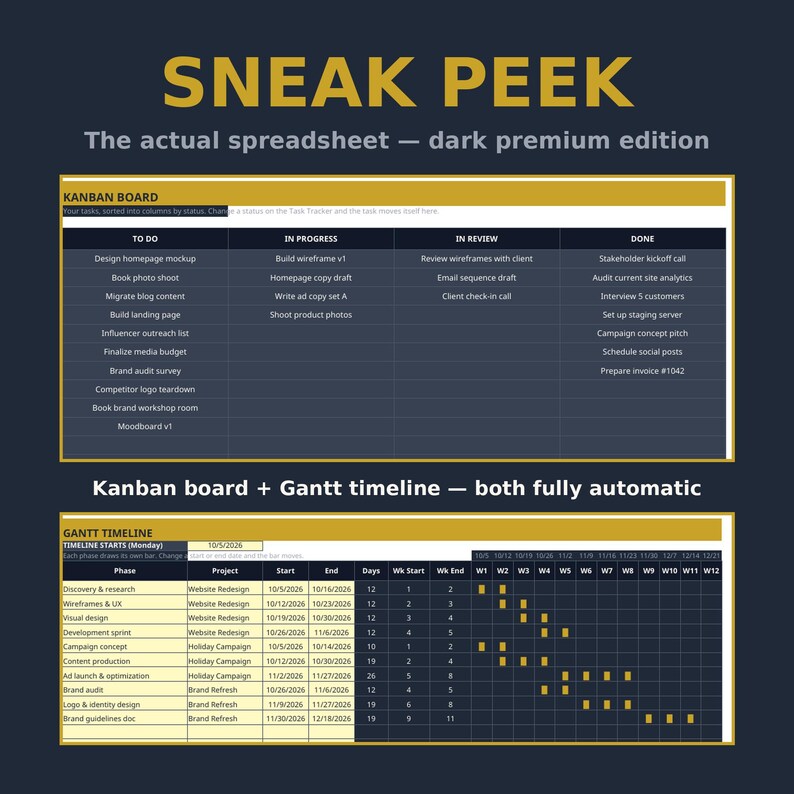 May include: A digital project management spreadsheet in a dark theme featuring a Kanban board with columns for To Do, In Progress, In Review, and Done, followed by a Gantt timeline with project phases, start and end dates, and weekly progress bars.