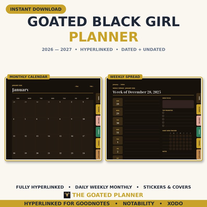 Black Girl Planner 2026 2027 Digital Planner GoodNotes Planner iPad Planner Hyperlinked Daily Weekly Undated Planner Stickers image 1