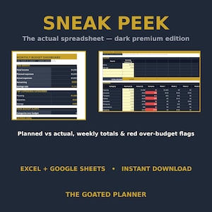 May include: A digital budget spreadsheet template titled SNEAK PEEK The actual spreadsheet &mdash; dark premium edition. It features a monthly budget dashboard and expense tracker with yellow headers, dark cells, and red over-budget flags.