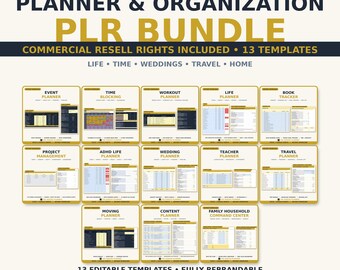 PLR Planner Spreadsheet Bundle, 13 Organization Templates with Commercial Resell Rights, ADHD Teacher Wedding Travel Excel Sheets