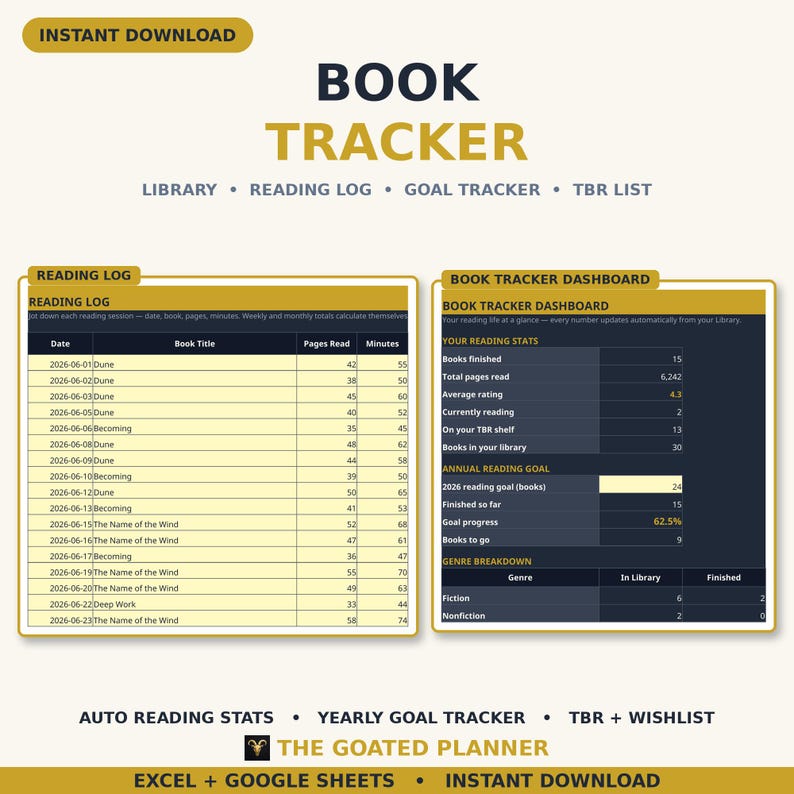 Book Tracker Spreadsheet — Reading Tracker and Reading Log with TBR Journal and Book Library List for Excel & Google Sheets image 1