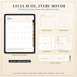 May include: A digital planner suite featuring a January 2026 calendar, monthly goals, habit tracker, vision board, monthly review, and monthly finance sections. The layout includes text labels for each section and a button stating TAP A DAY &mdash; OPEN ITS DAILY PAGE.