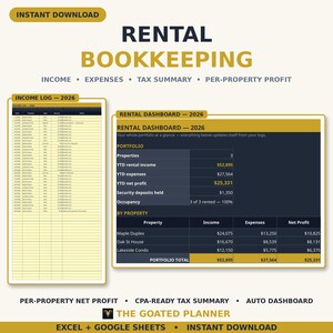 Rental Property Bookkeeping Spreadsheet — Landlord Income and Expense Tracker with Tax Summary for Excel & Google Sheets image 1