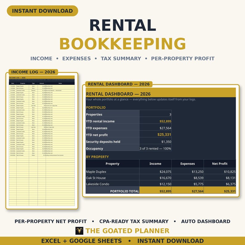 Rental Property Bookkeeping Spreadsheet — Landlord Income and Expense Tracker with Tax Summary for Excel & Google Sheets image 1