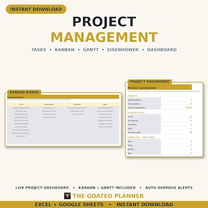 Puede incluir: Una plantilla digital de gesti&oacute;n de proyectos con un tablero Kanban y un panel de control. El dise&ntilde;o incluye encabezados de texto como PROJECT MANAGEMENT, KANBAN BOARD y PROJECT DASHBOARD, con columnas para tareas y seguimiento.