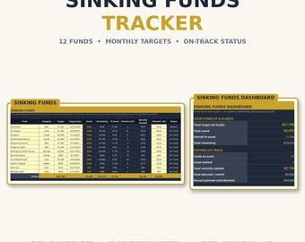 Sinking Funds Tracker Spreadsheet — 12 Funds, Monthly Savings Planner & Dashboard for Google Sheets and Excel, Budget Planner Template