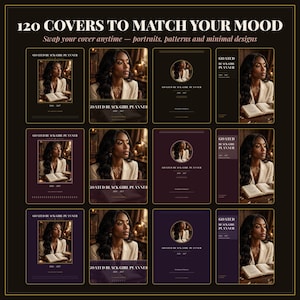 May include: A digital planner collection titled 120 COVERS TO MATCH YOUR MOOD, featuring various layouts of the GOATED BLACK GIRL PLANNER. Each cover displays a portrait of a person in a white blazer, with text indicating the years 2024-2027.