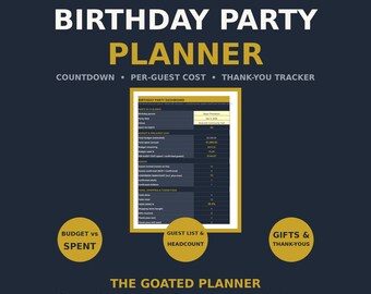 Birthday Party Planner Spreadsheet — Budget, Guest List, Tasks, Menu and Gift Thank-You Tracker, Excel Google Sheets
