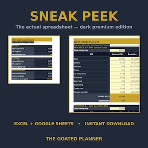 May include: A digital financial spreadsheet titled SNEAK PEEK The actual spreadsheet &mdash; dark premium edition. It displays a Paycheck Dashboard and Paycheck Budget with columns for bills, amounts, and due dates. Text includes EXCEL + GOOGLE SHEETS &bull; INSTANT DOWNLOAD and THE GOATED PLANNER.