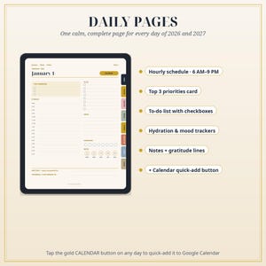 May include: A digital daily planner interface displayed on a tablet screen, featuring a schedule from 6 AM to 9 PM, a top 3 priorities section, a to-do list with checkboxes, hydration and mood trackers, and notes with gratitude lines.