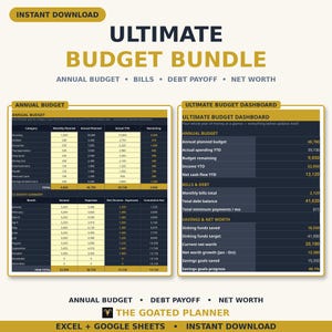 May include: A digital budget bundle template featuring an annual budget table and an ultimate budget dashboard. The layout includes columns for monthly planned, annual planned, actual YTD, and remaining figures, plus a 12-month summary.