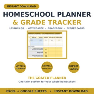 Homeschool Planner Spreadsheet — Lesson Log, Attendance Tracker, Gradebook & Report Card for Excel and Google Sheets