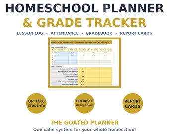 Homeschool Planner Spreadsheet — Lesson Log, Attendance Tracker, Gradebook & Report Card for Excel and Google Sheets