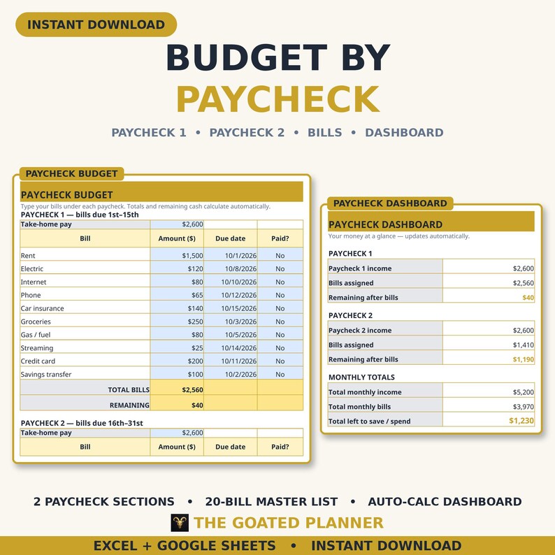 Paycheck Bill Tracker Spreadsheet — Light Mode Paycheck Budget Planner with Bill Dashboard for Excel and Google Sheets image 1