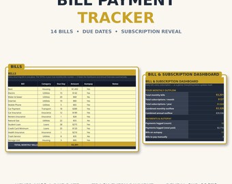 Bill Payment Tracker & Subscription Organizer Spreadsheet — Bill Planner, Due Date Tracker and Dashboard for Google Sheets and Excel