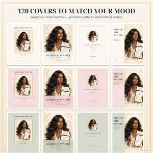 May include: A digital planner collection titled 120 COVERS TO MATCH YOUR MOOD, featuring various layouts of the GOATED LIFE PLANNER. Each design displays a portrait of a person with long dark hair holding a tablet, alongside minimalist options.