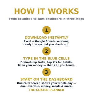 May include: An instructional graphic titled HOW IT WORKS with three steps. Step 1: DOWNLOAD INSTANTLY for Excel and Google Sheets. Step 2: TYPE IN THE BLUE CELLS for tasks, habits, and money. Step 3: START ON THE DASHBOARD for a daily overview. THE GOATED PLANNER.
