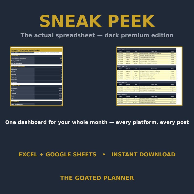 Op de afbeelding: Een digitaal contentplanner-spreadsheet met een donker thema, voorzien van een dashboard met poststatistieken en een weekschema. De tekst bevat SNEAK PEEK, The actual spreadsheet &mdash; dark premium edition, EXCEL + GOOGLE SHEETS en THE GOATED PLANNER.
