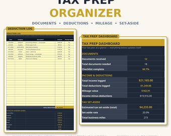 Tax Prep Organizer Spreadsheet — Income, Deduction & Mileage Tracker with Document Checklist and Quarterly Set-Aside for Google Sheets