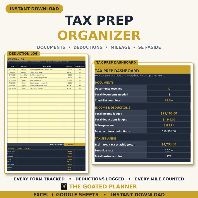 Tax Prep Organizer Spreadsheet — Income, Deduction & Mileage Tracker with Document Checklist and Quarterly Set-Aside for Google Sheets image 1