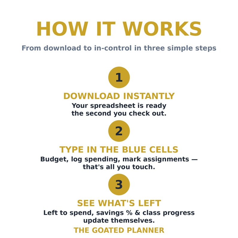 May include: An instructional graphic titled HOW IT WORKS with three steps. Step 1: DOWNLOAD INSTANTLY. Step 2: TYPE IN THE BLUE CELLS to budget and log spending. Step 3: SEE WHAT'S LEFT for savings and progress. Text includes THE GOATED PLANNER.