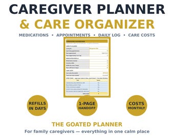 Caregiver Planner — Care Organizer Spreadsheet, Medication Refill Tracker, Appointment Log & Care Expense Tracker, Excel Sheets
