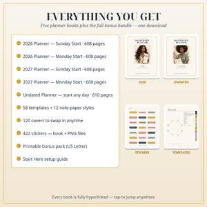 May include: A digital planner bundle featuring five planner books including 2026 and 2027 versions with Sunday or Monday starts, an undated planner, 58 templates, 12 note-paper styles, 120 covers, 422 stickers, a printable bonus pack, and a setup guide.