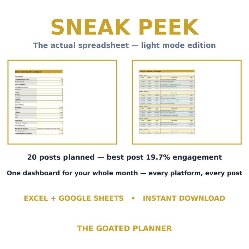 Content Calendar & Planner Spreadsheet — Light Mode Content Planner and Engagement Tracker for Instagram TikTok Google Sheets image 4