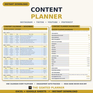 Op de afbeelding: Een digitale contentplanner-sjabloon voor Excel en Google Sheets met een inhoudskalender voor november en een dashboard. De lay-out bevat secties voor Instagram, TikTok, YouTube en Pinterest, met tabellen voor het bijhouden van datums, platforms, typen, onderwerpen en status.