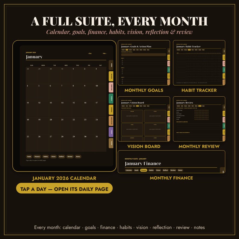 May include: A digital planner suite featuring a January 2026 calendar, monthly goals, habit tracker, vision board, monthly review, and finance pages. The interface uses a dark theme with gold text and tabs for navigation, labeled A FULL SUITE, EVERY MONTH.